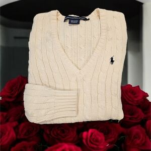 Ralph Lauren Sport Women's V-Neck Ivory Cable Knit Sweater Size--Small